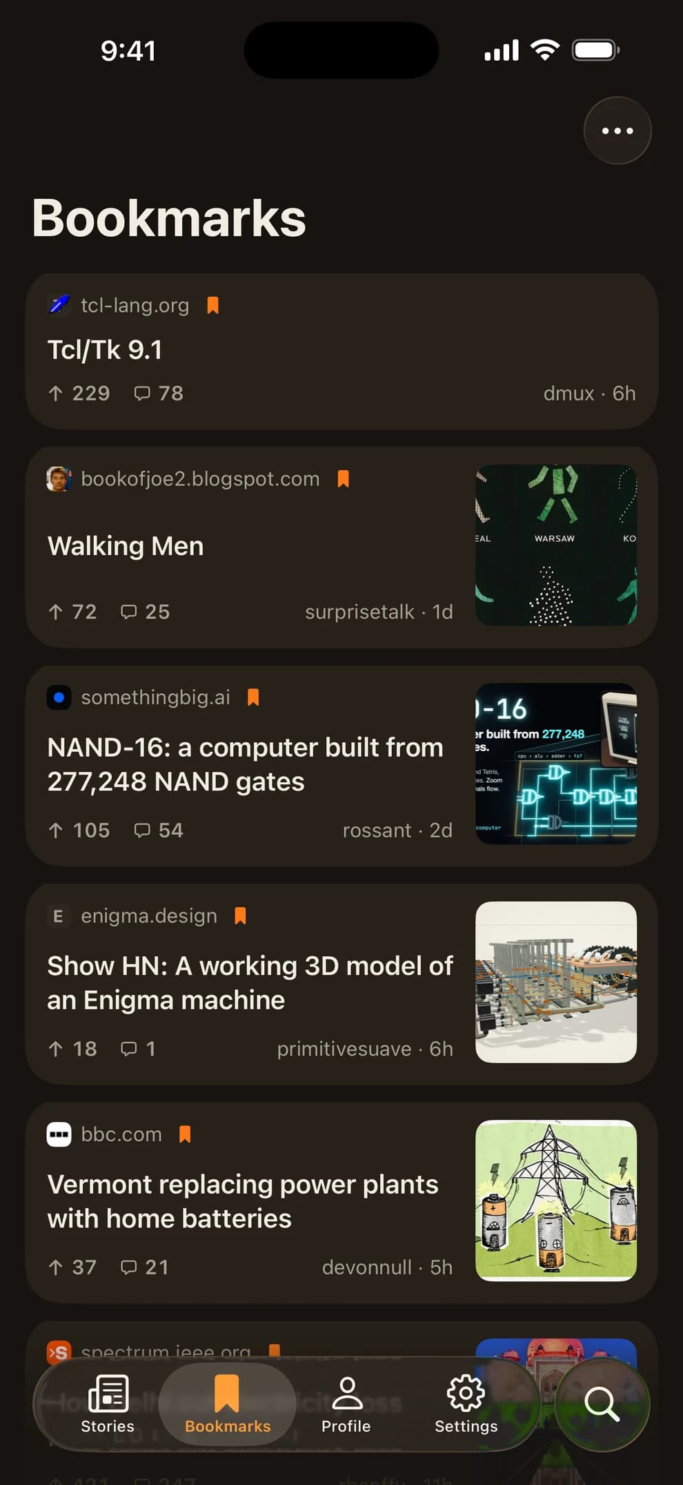 Bookmarked stories in Dark Mode