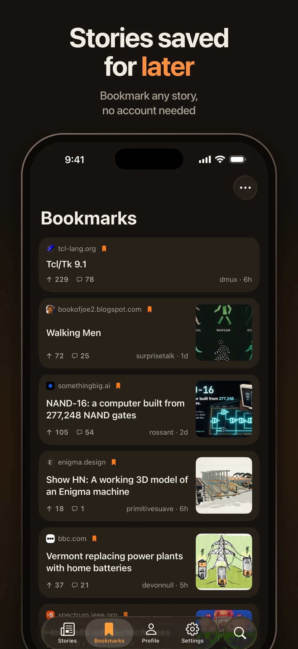 Stories saved for later. Bookmark any story, no account needed.