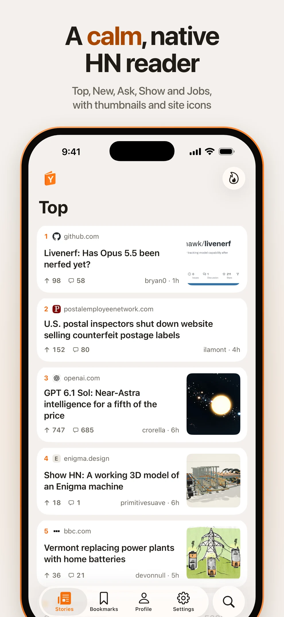 A calm, native HN reader. Top, New, Ask, Show and Jobs, with thumbnails and site icons.