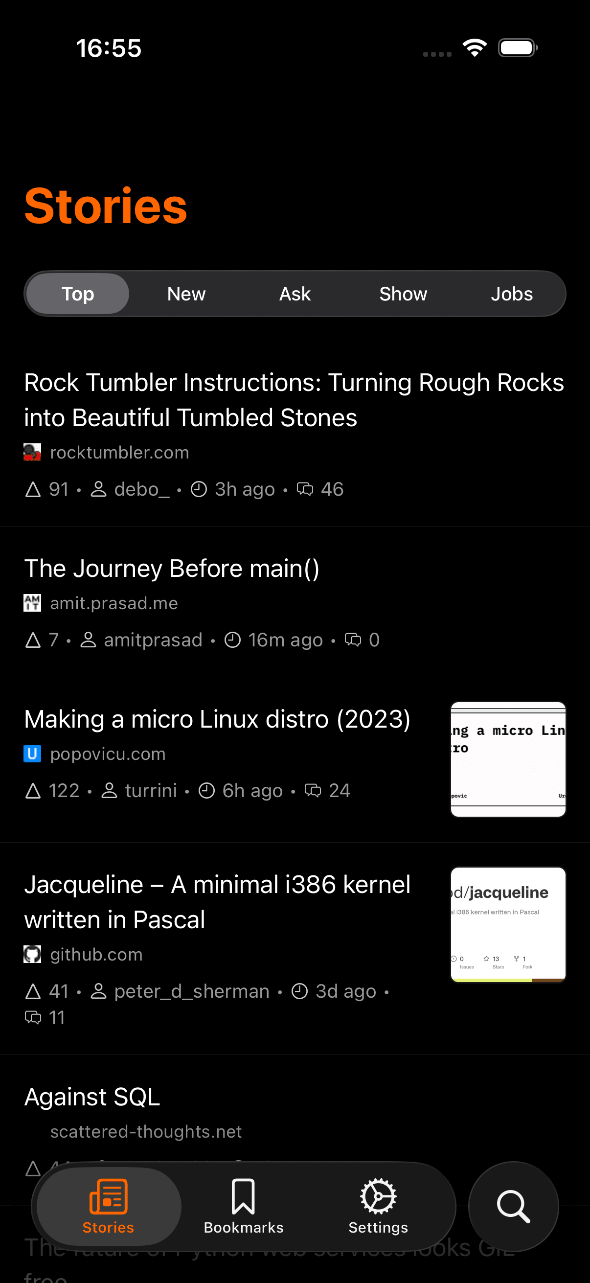 Home screen showing story feed