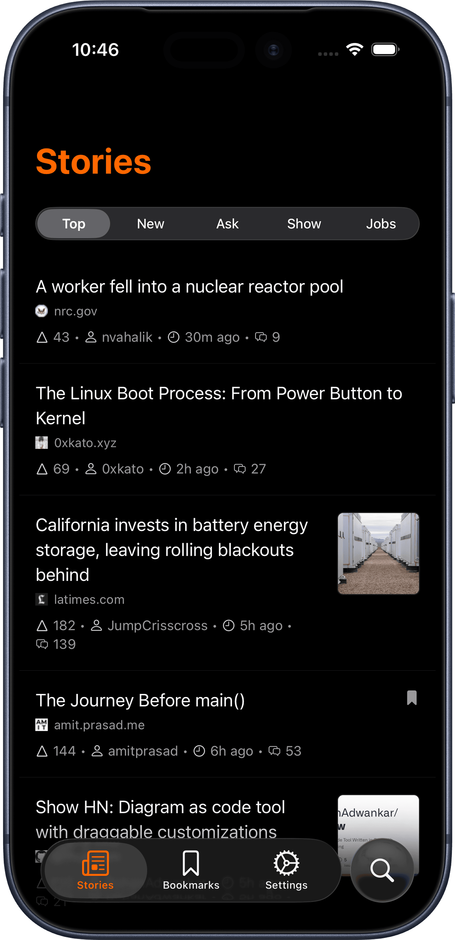 Hacker Reader home feed